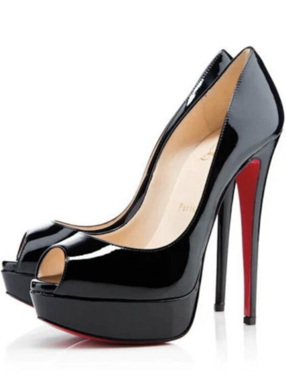 Christian Louboutin Black Patent Lady Peep 150 Platform Heels 37.5
